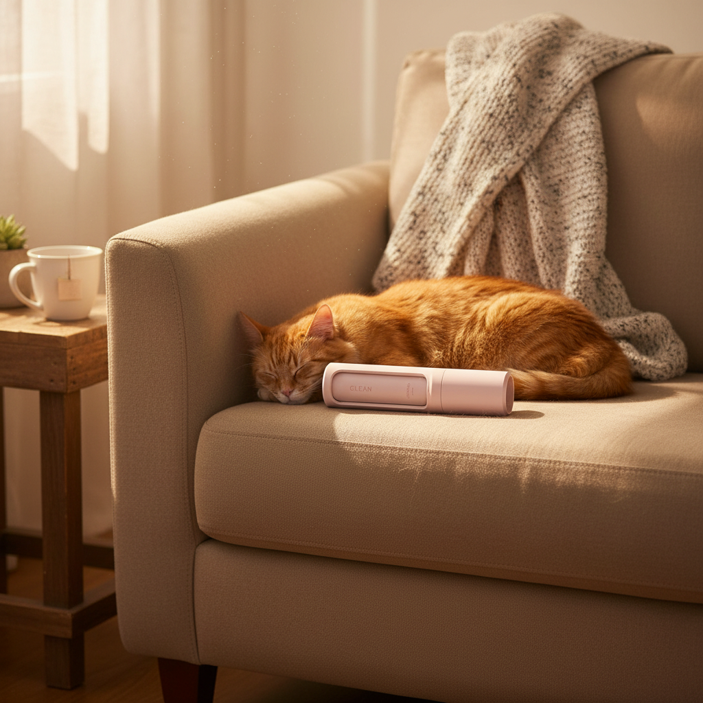 Pink FurVault pet hair remover on sofa arm with sleeping cat nearby