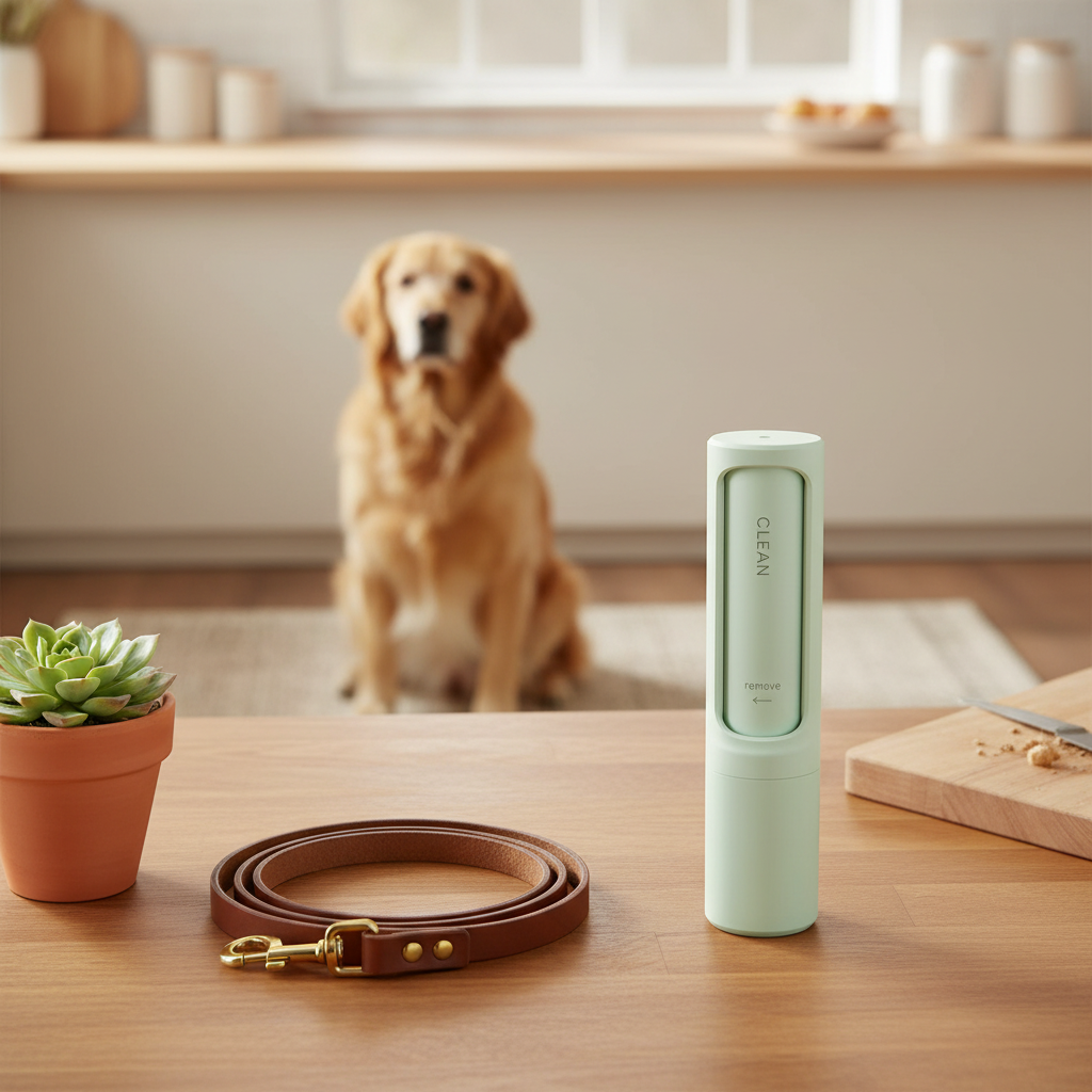 Green FurVault pet hair remover on kitchen counter with dog in background